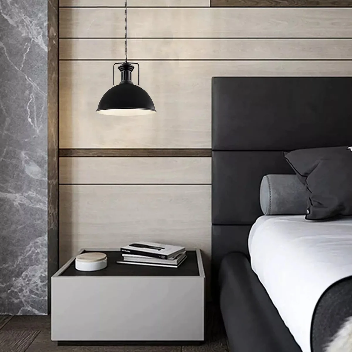 Black 40cm vintage industrial lamp with dome shade and chain hanging from ceiling against white background