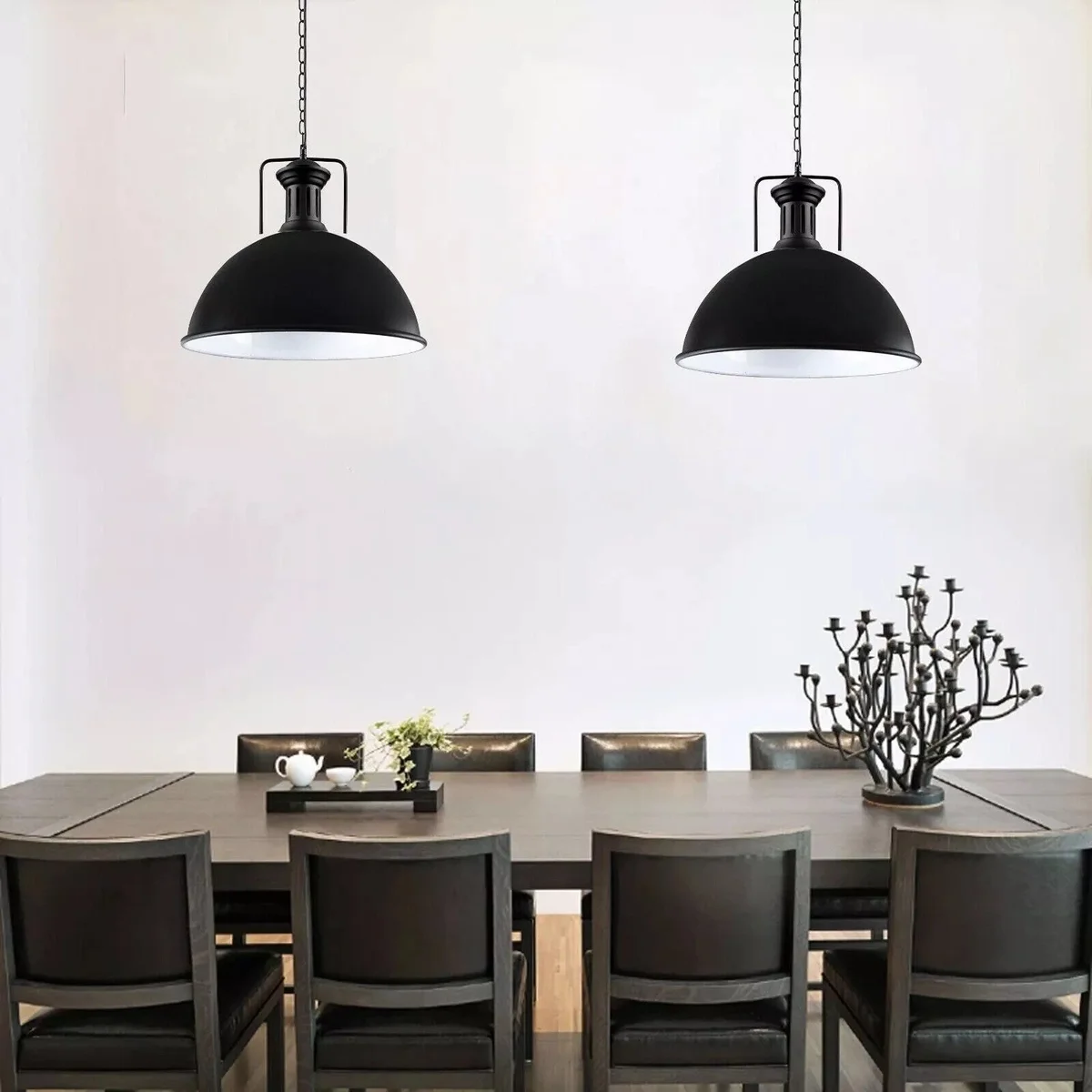 Black 40cm industrial pendant light with dome shade and chain, hanging against a white background