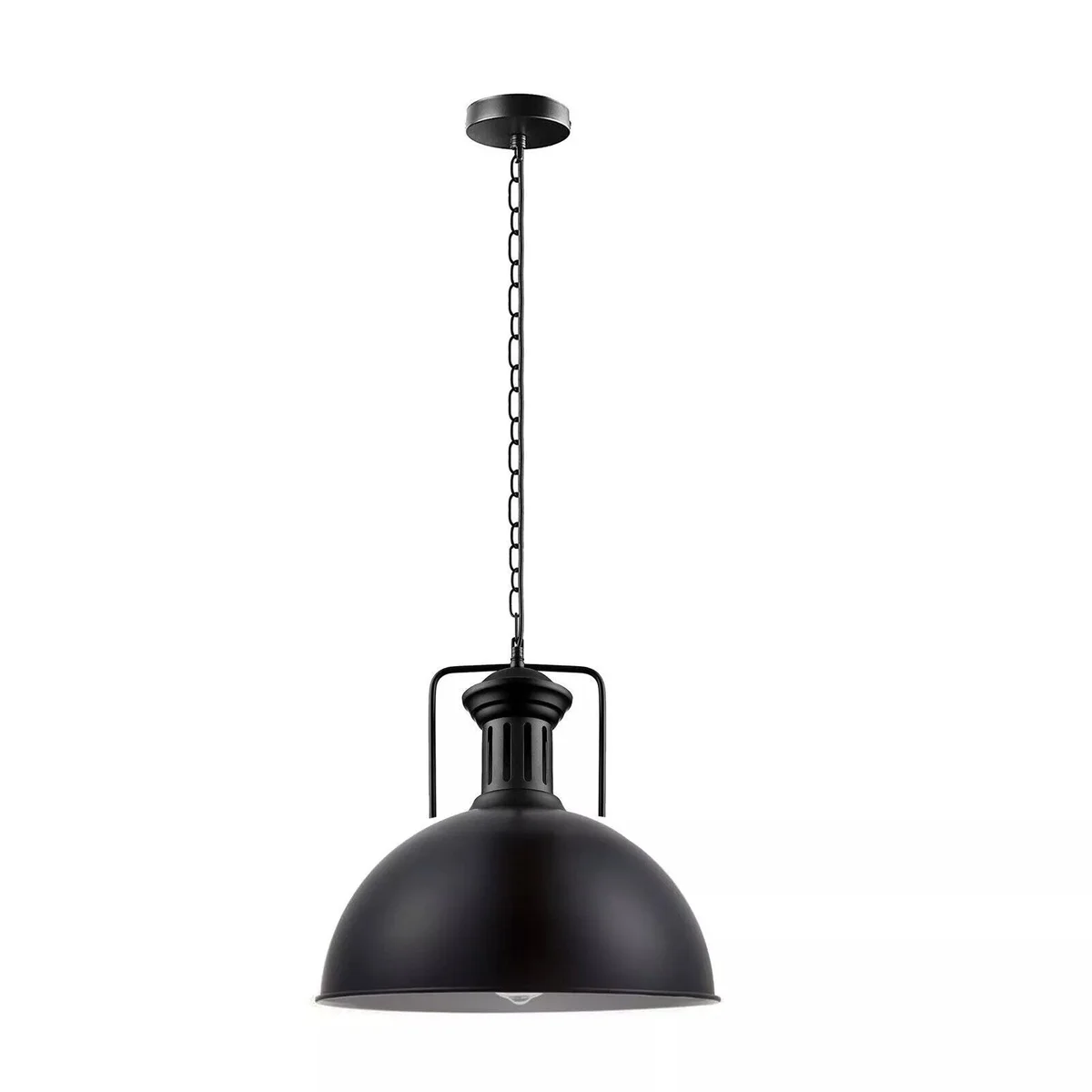 Large 40cm black industrial pendant light with dome shade hanging from adjustable chain against white background