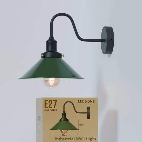 Vintage industrial wall sconce with adjustable metal cone shade in black, includes E27 bulb, mounted on white wall