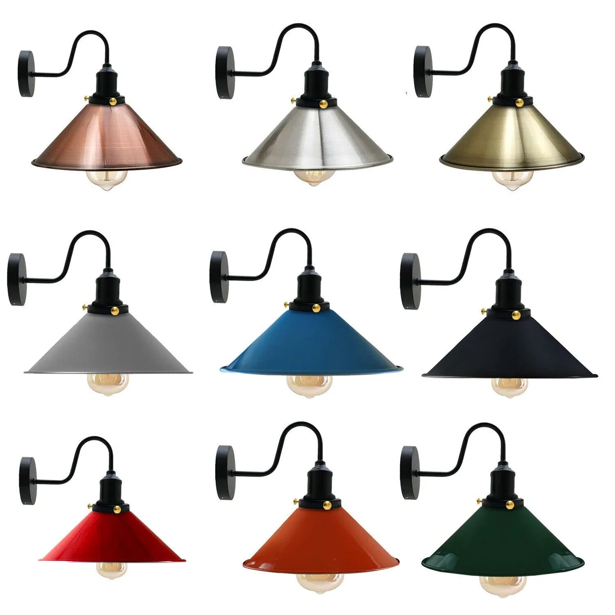 Vintage industrial adjustable wall lamp with metal cone shade and E27 bulb, shown in black finish on white background