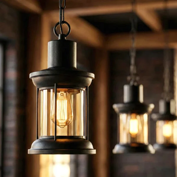 Three vintage pendant lighting fixtures with black metal cages and clear glass shades hanging in a row over a kitchen island