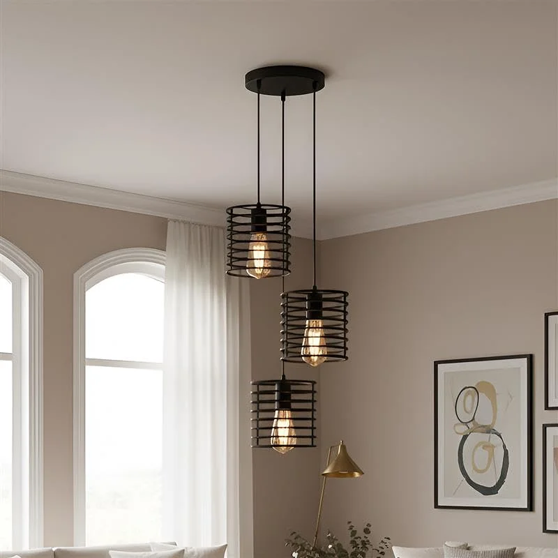 3-light black metal cage industrial pendant light with adjustable 1m cable and cylindrical wire shades
