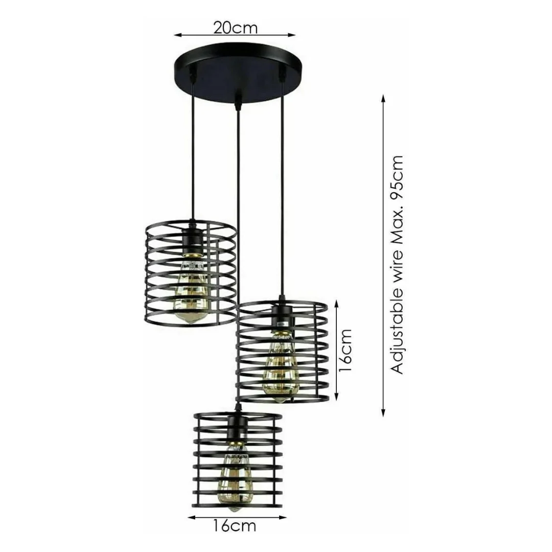 3-light black metal pendant with cylindrical wire cage shades and adjustable 1m cable hanging from ceiling rose