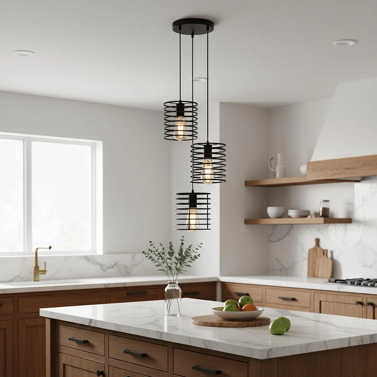 Black metal 3-light cage pendant with adjustable 1m cable, modern industrial style adjustable ceiling light