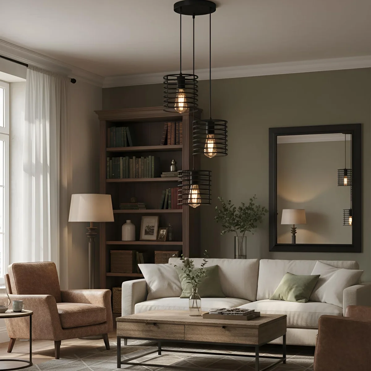 3 light pendant with black metal cage shades and adjustable 1m cable hanging from ceiling against white background