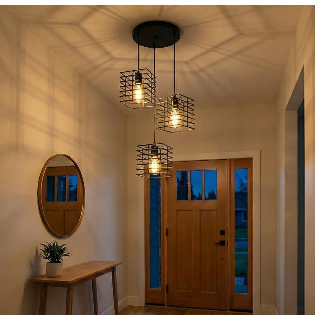 Black industrial adjustable pendant light with three metal cage shades and 1m adjustable cord hanging from ceiling