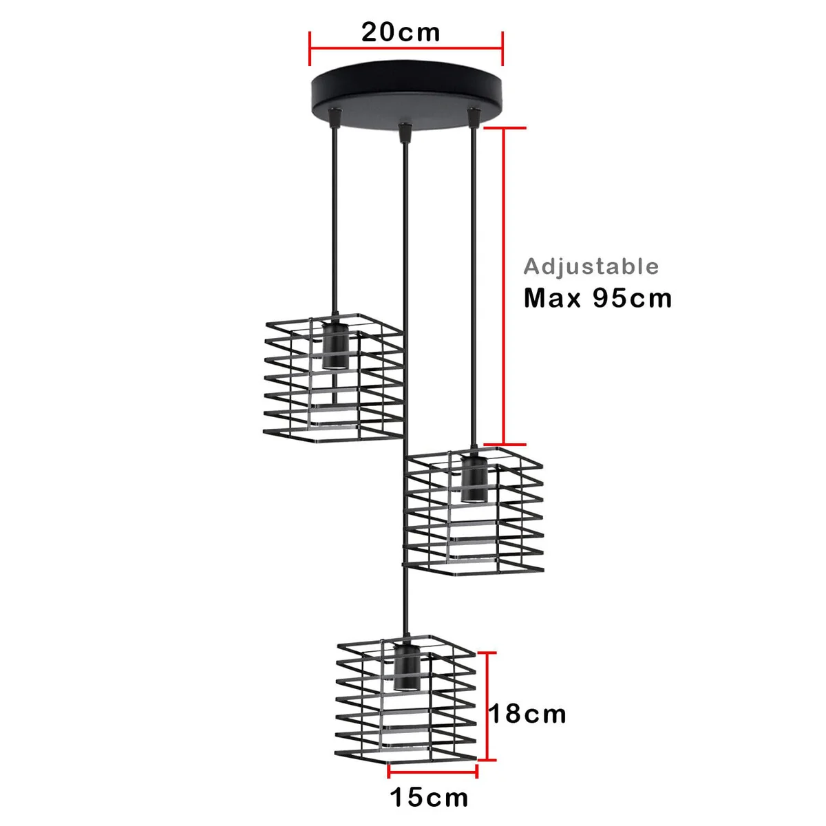 Three black industrial pendant lights with metal cage shades hanging from adjustable cords against a white background