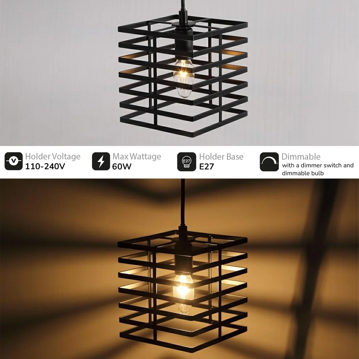 Three black metal cage pendant lights with adjustable cords hanging from a ceiling, showcasing industrial design