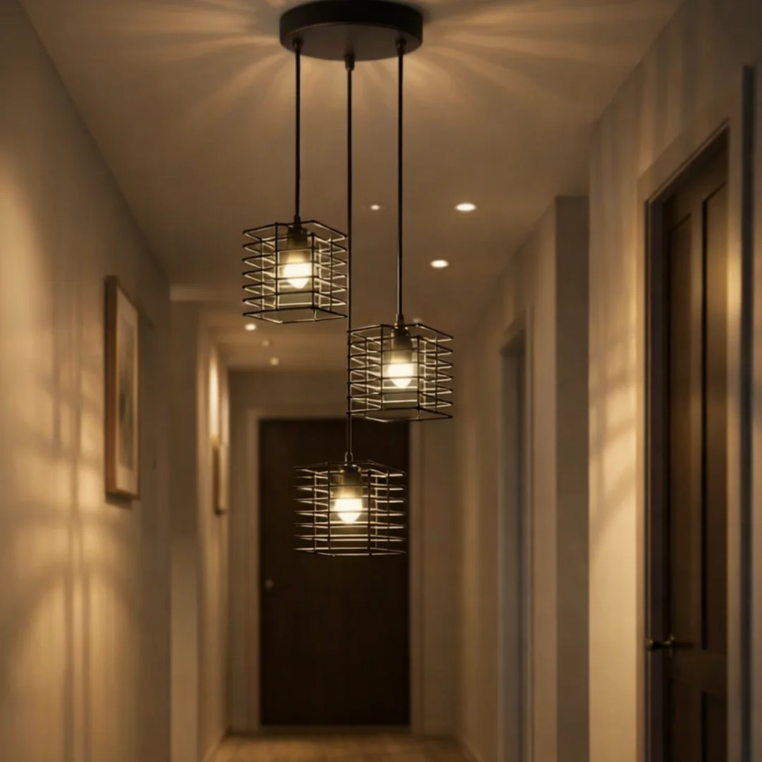 Three industrial black metal cage pendant lights with adjustable cords, featuring E27 ceiling light fittings.