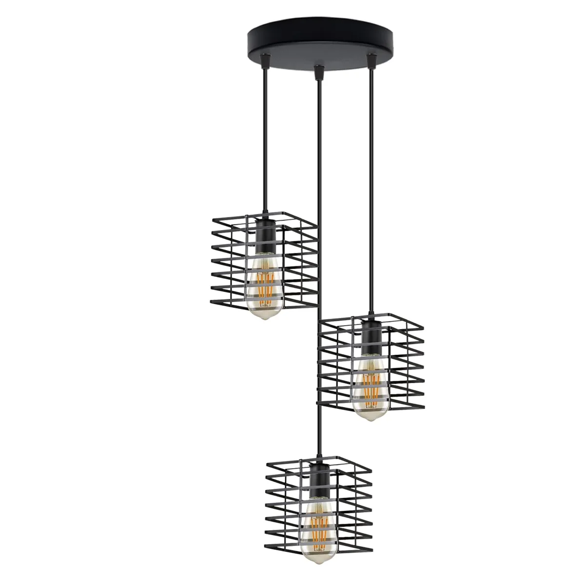 Black industrial adjustable pendant light with three metal cage shades hanging from a ceiling mount with 1m cord
