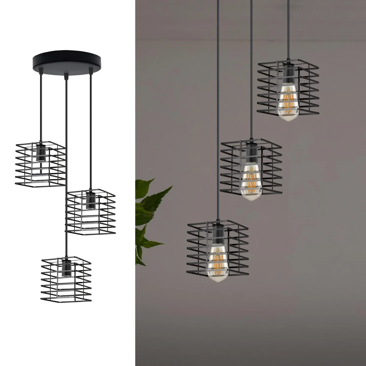 Three black metal cage adjustable pendant lights hanging at different heights against a white background
