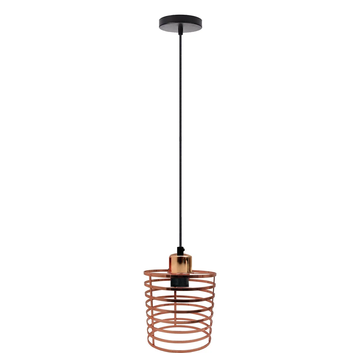 Rose gold industrial pendant light with adjustable fabric cable and metal cage shade hanging against white background