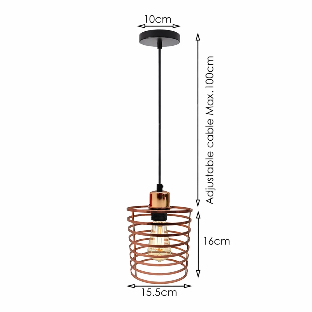 Rose gold industrial cage adjustable pendant lamp with fabric flex hanging from ceiling, E27 bulb socket visible