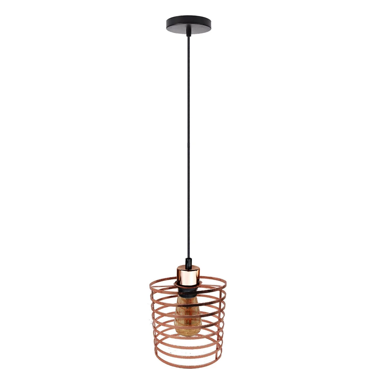Rose gold metal cage ceiling light with adjustable fabric cable hanging against a white background