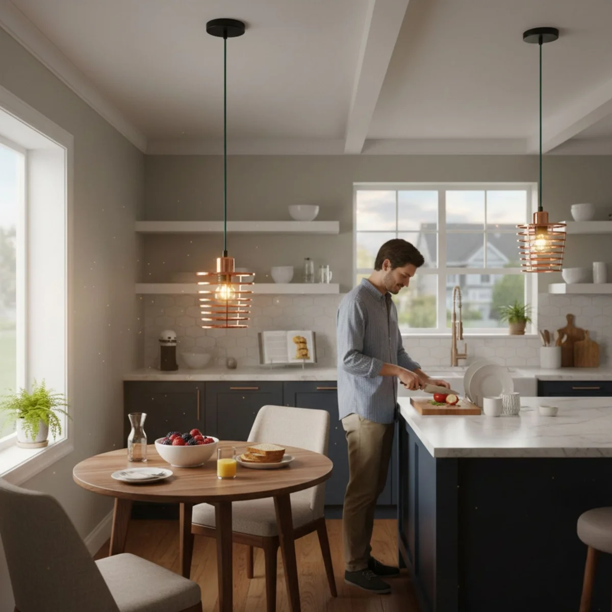 Rose gold vintage hanging light with adjustable fabric cable and metal cage shade casting shadows on white ceiling