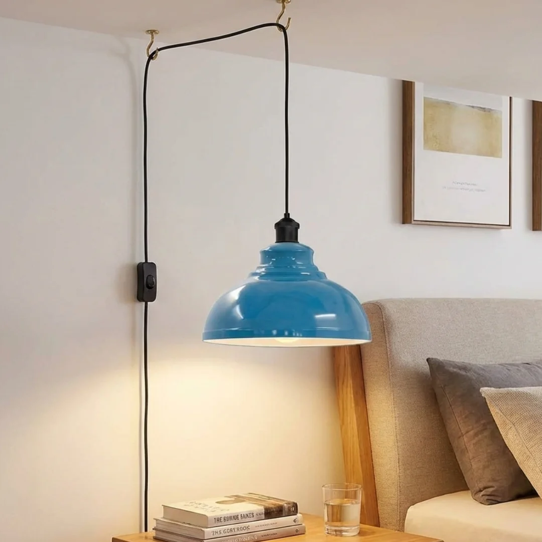 Vintage metal plug in pendant light with curved shade, black cord, and on/off switch for easy control