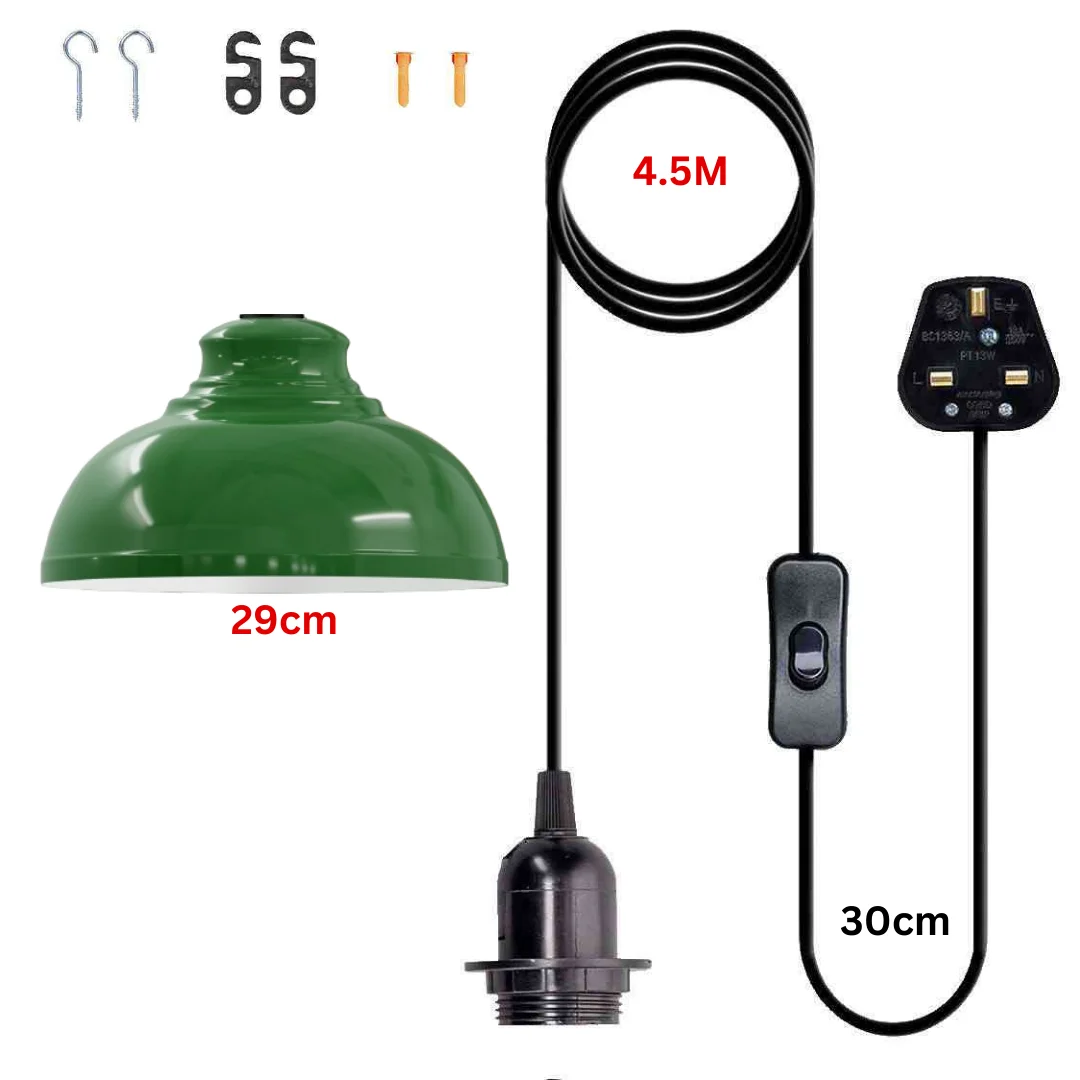 Vintage pendant light with metal shade, black cord, and on/off switch, shown hanging against a plain background