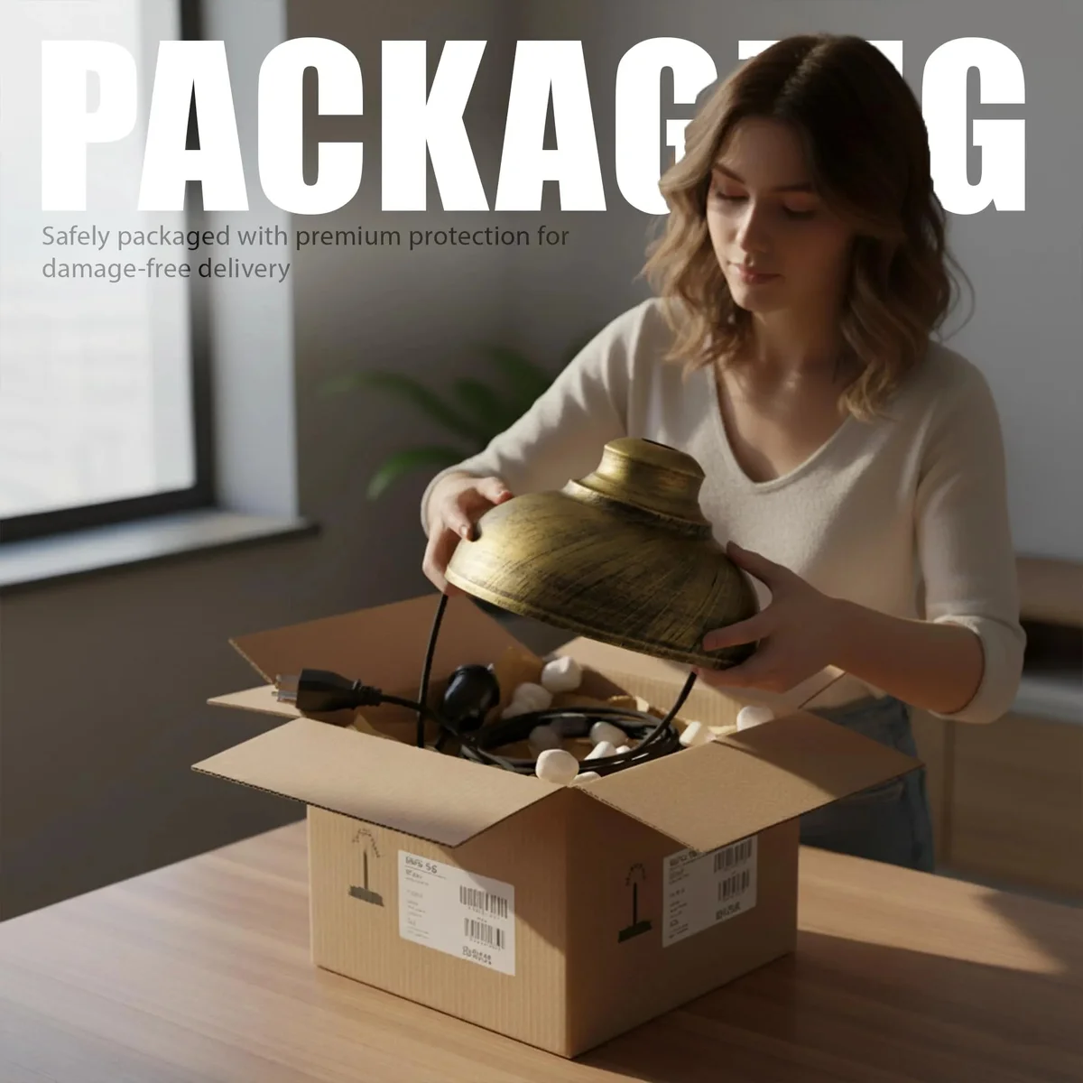 Metal swag lamp with curved colorful metal shade, black cord, and on/off switch, hanging against a white background