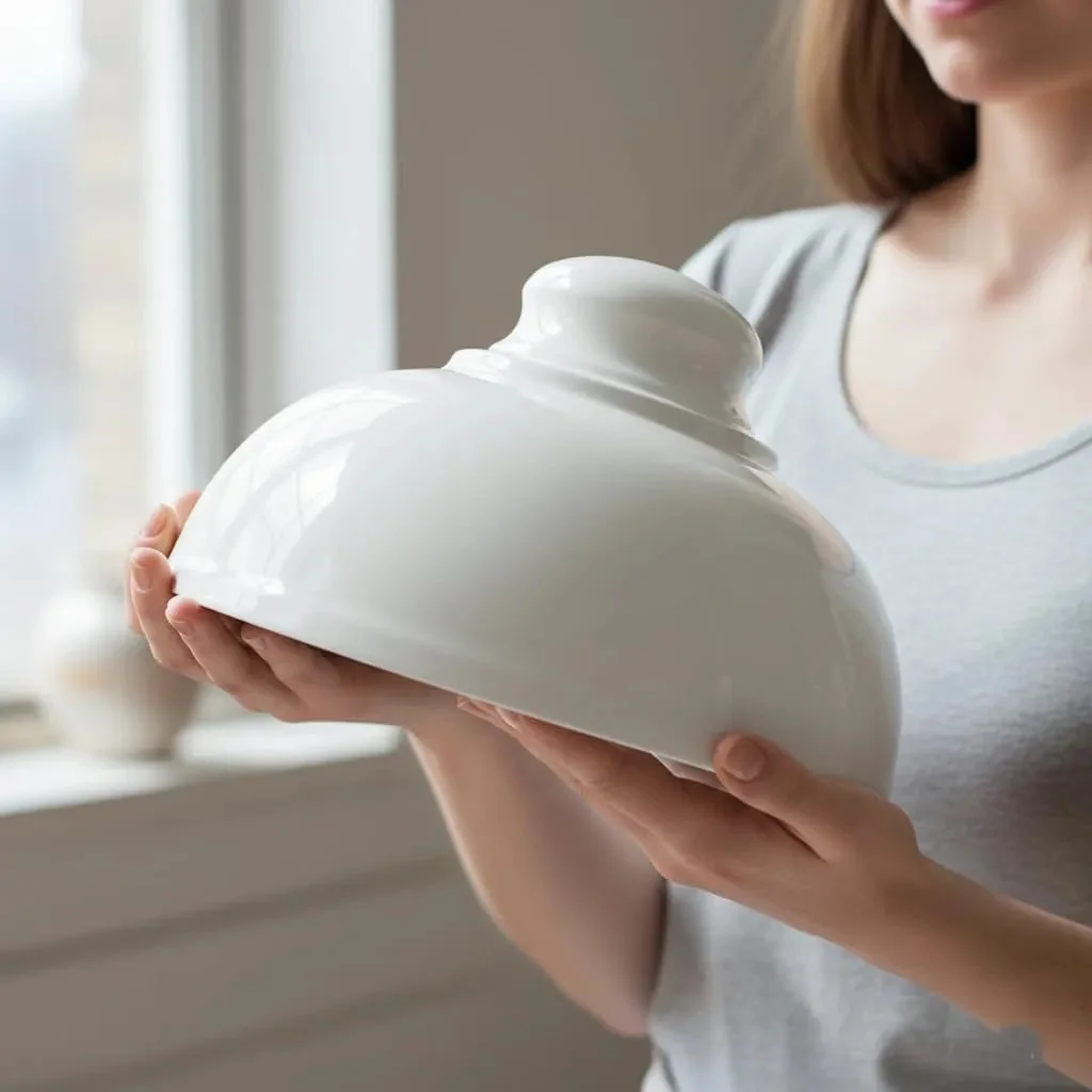 Industrial pendant light with curved metal shade, black cord, and on/off switch, shown hanging against a white background