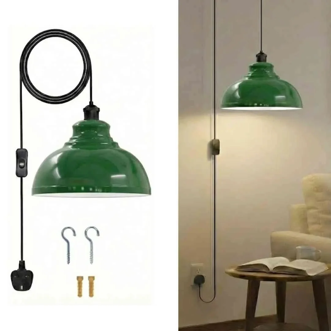 Vintage plug-in swag pendant light with metal shade and adjustable cord lamp hanging from ceiling with black cord and switch