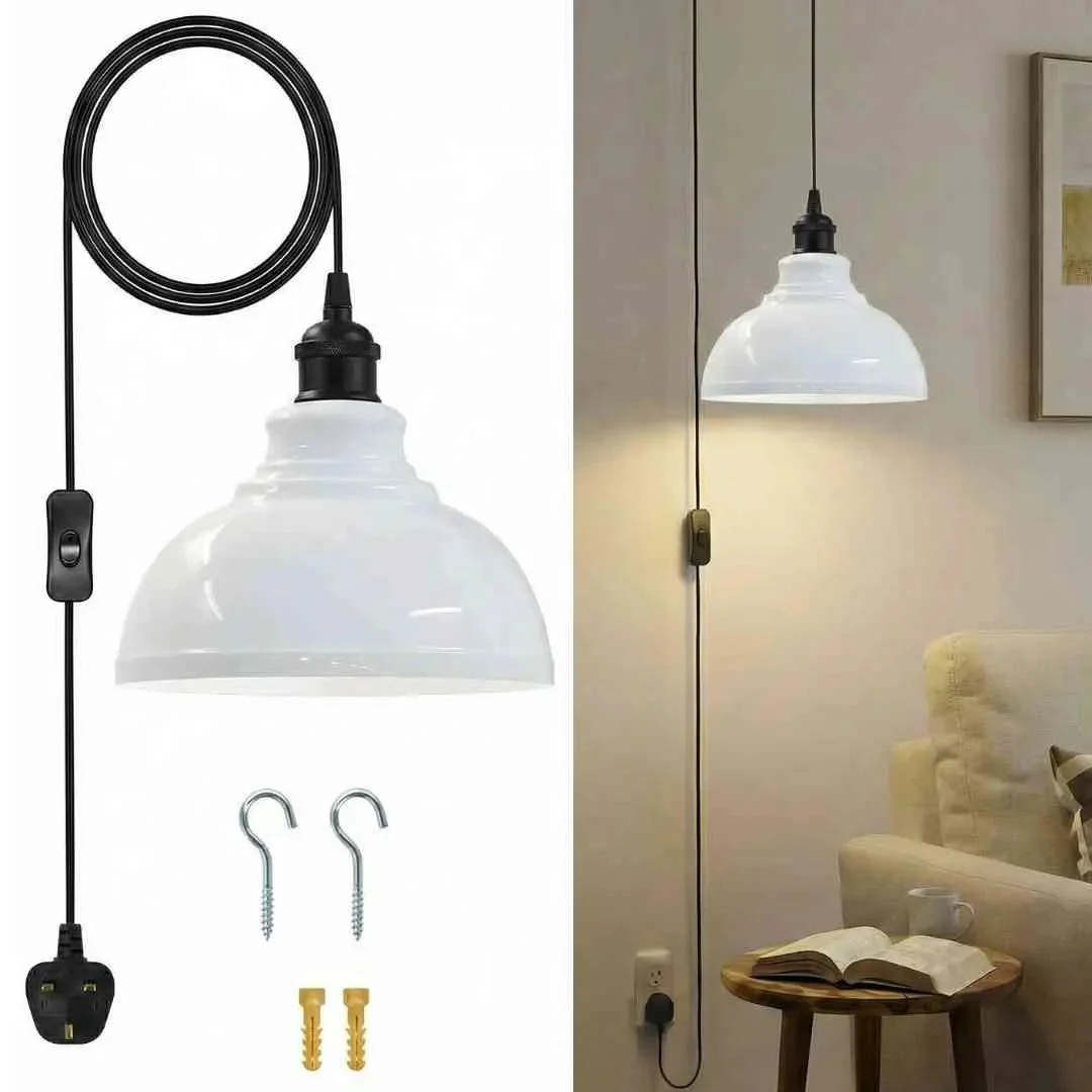 Vintage metal shade plug-in swag pendant light with on/off switch and E27 bulb pendant, black cord hanging from ceiling