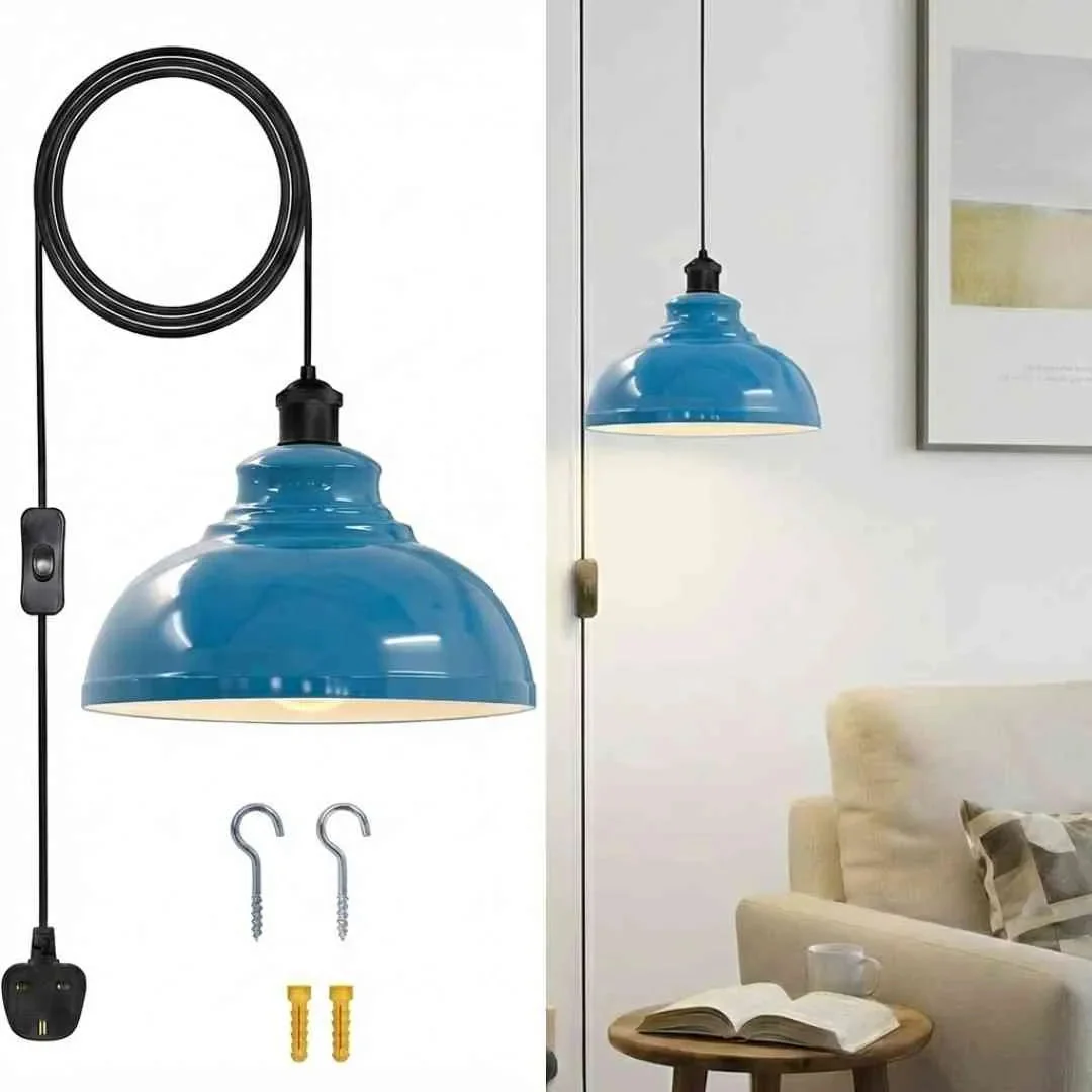Plug in pendant light with curved metal shade in vibrant color, black cord, and on/off switch on the cable
