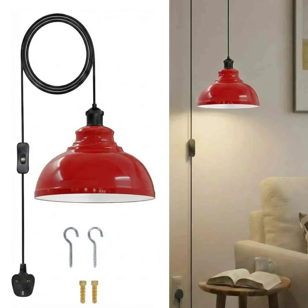 Vintage plug in pendant light with curved metal shade, black cord, and on/off switch hanging against white background