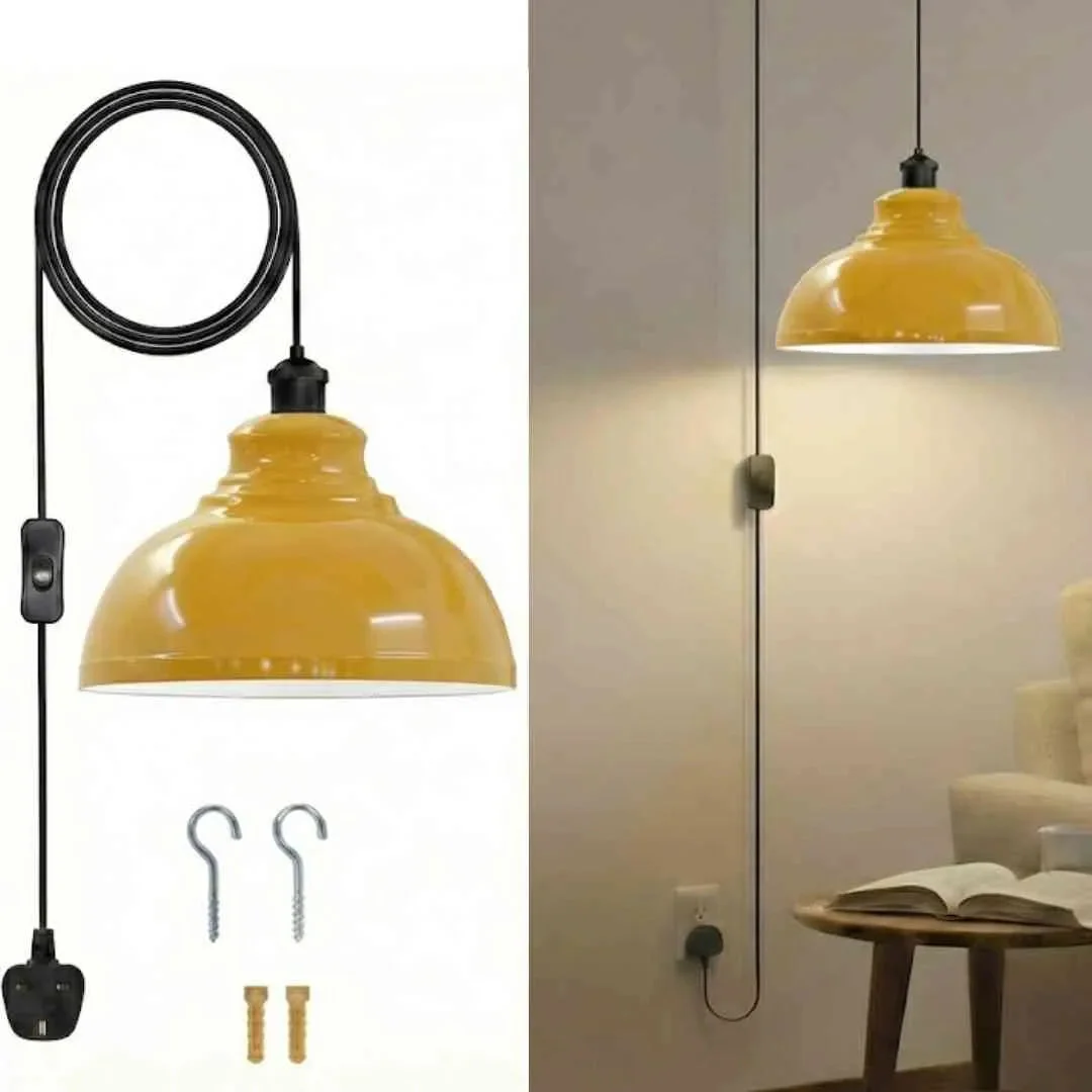Vintage plug in pendant light with curved metal shade, black cord, and on/off switch for easy control in home decor
