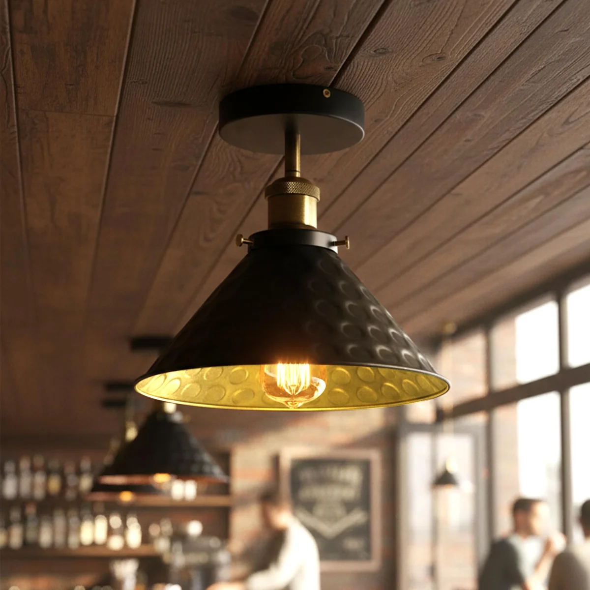 Black semi flush ceiling light with matte black vintage metal shade, 24 cm diameter, mounted on ceiling with included E27 bulb.