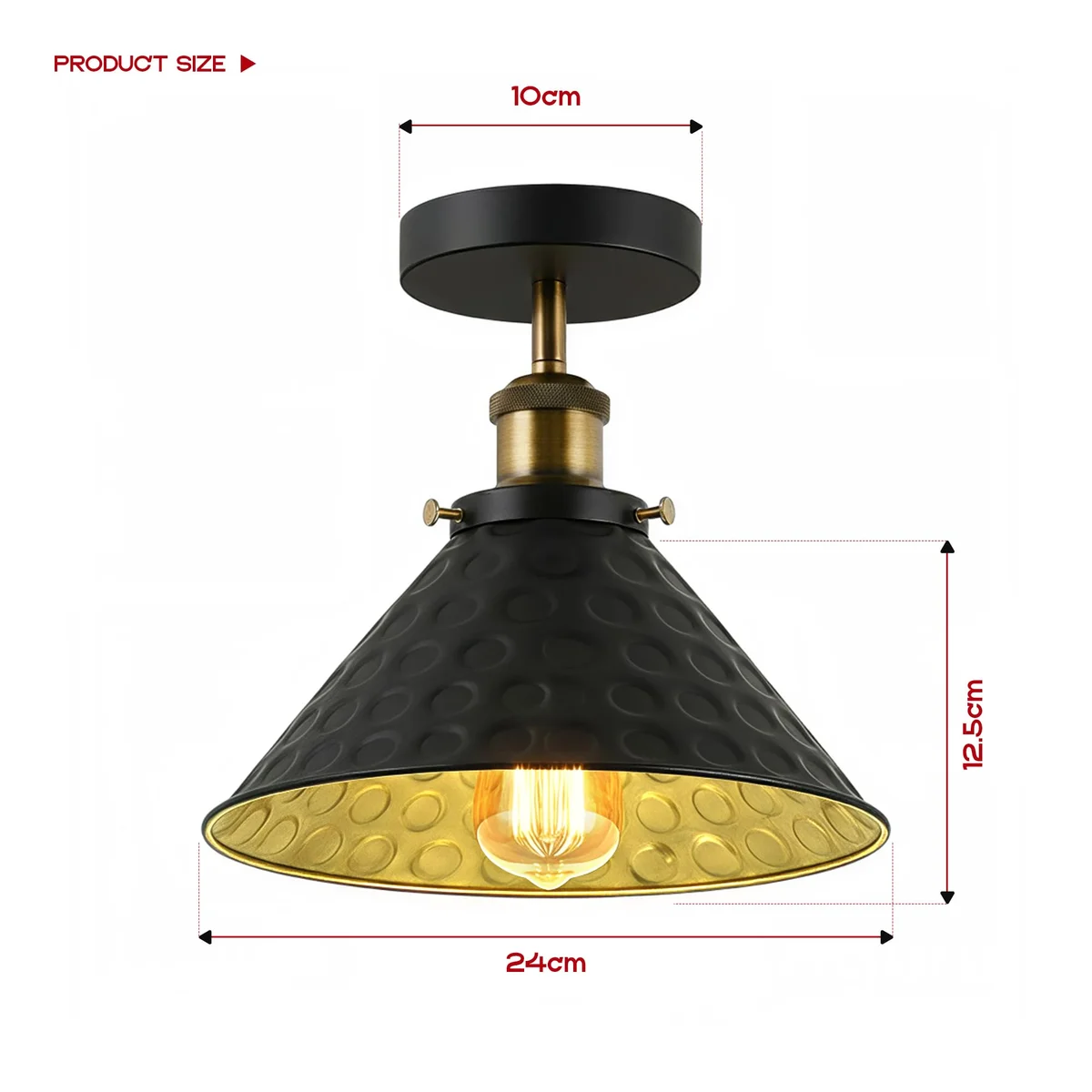 Matte black ceiling light with 24 cm vintage metal shade, semi‑flush design hanging from the ceiling, E27 bulb visible.
