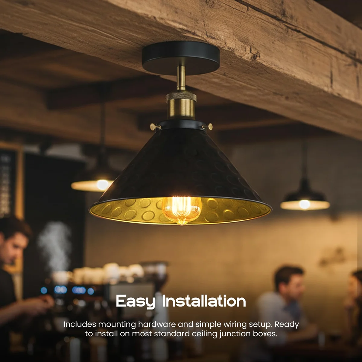 E27 black ceiling light with matte black vintage metal shade, semi flush mount, metal body, includes bulb.
