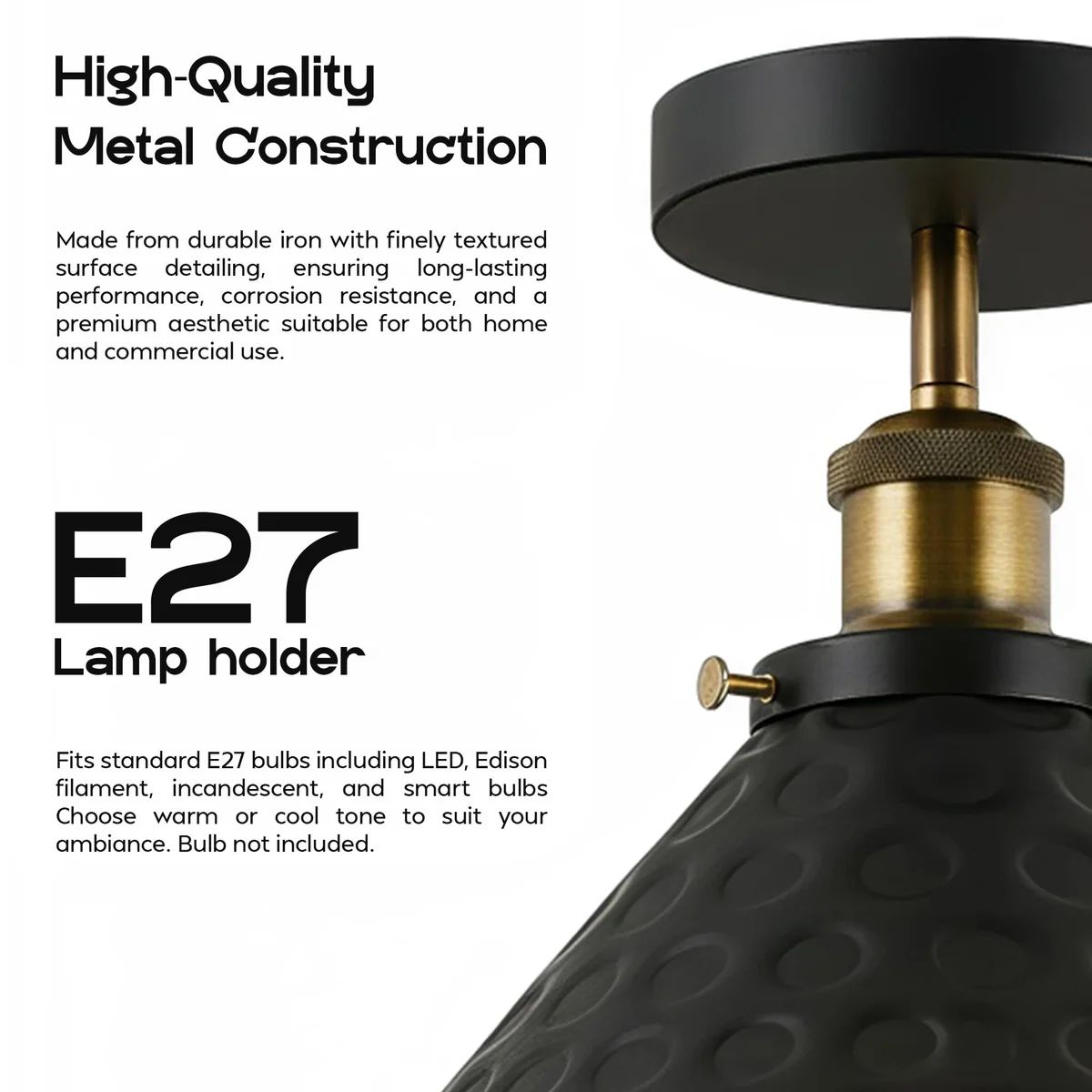 Black semi flush mount ceiling light with matte finish, vintage metal shade, bulb, mounted on wall with bracket.
