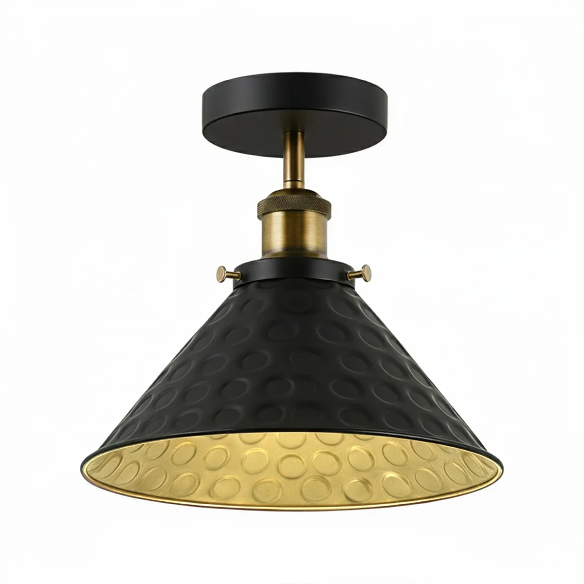 Black semi flush ceiling light with matte black vintage metal shade, metal base and E27 bulb.