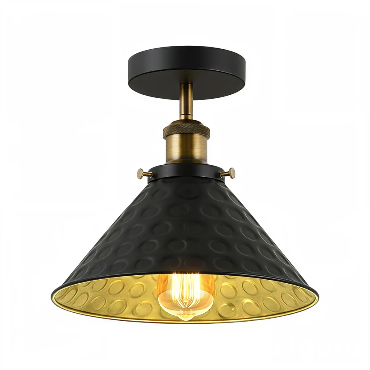 black semi flush ceiling light with matte metal shade and E27 bulb, circular ring fixture