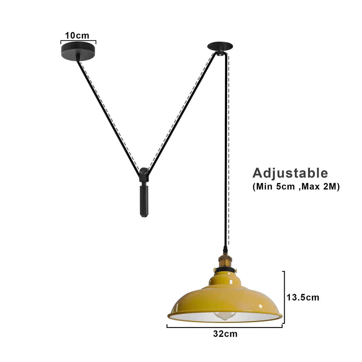 Yellow vintage industrial pendant light with adjustable pulley system and black metal detailing hanging from ceiling