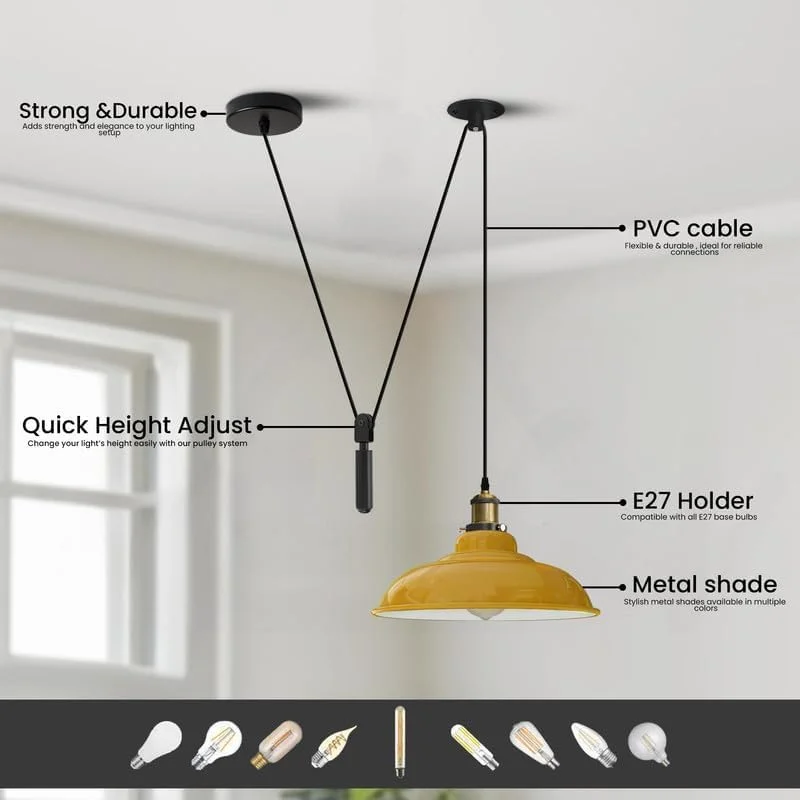 Yellow pulley pendant lamp with adjustable black pulley system and glossy finish hanging from ceiling in vintage style