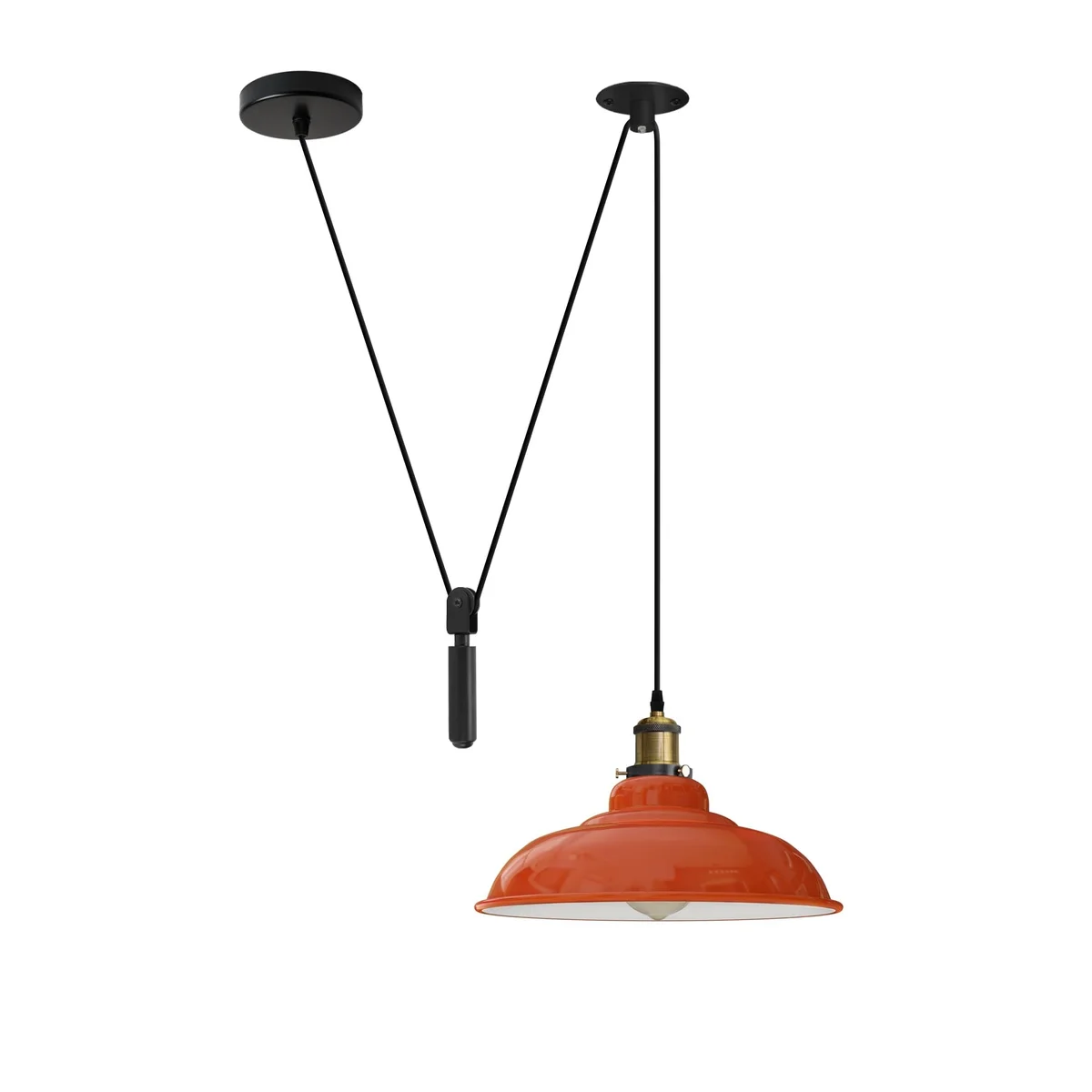 Yellow vintage industrial adjustable height ceiling lamp with pulley system and black metal details hanging against white background