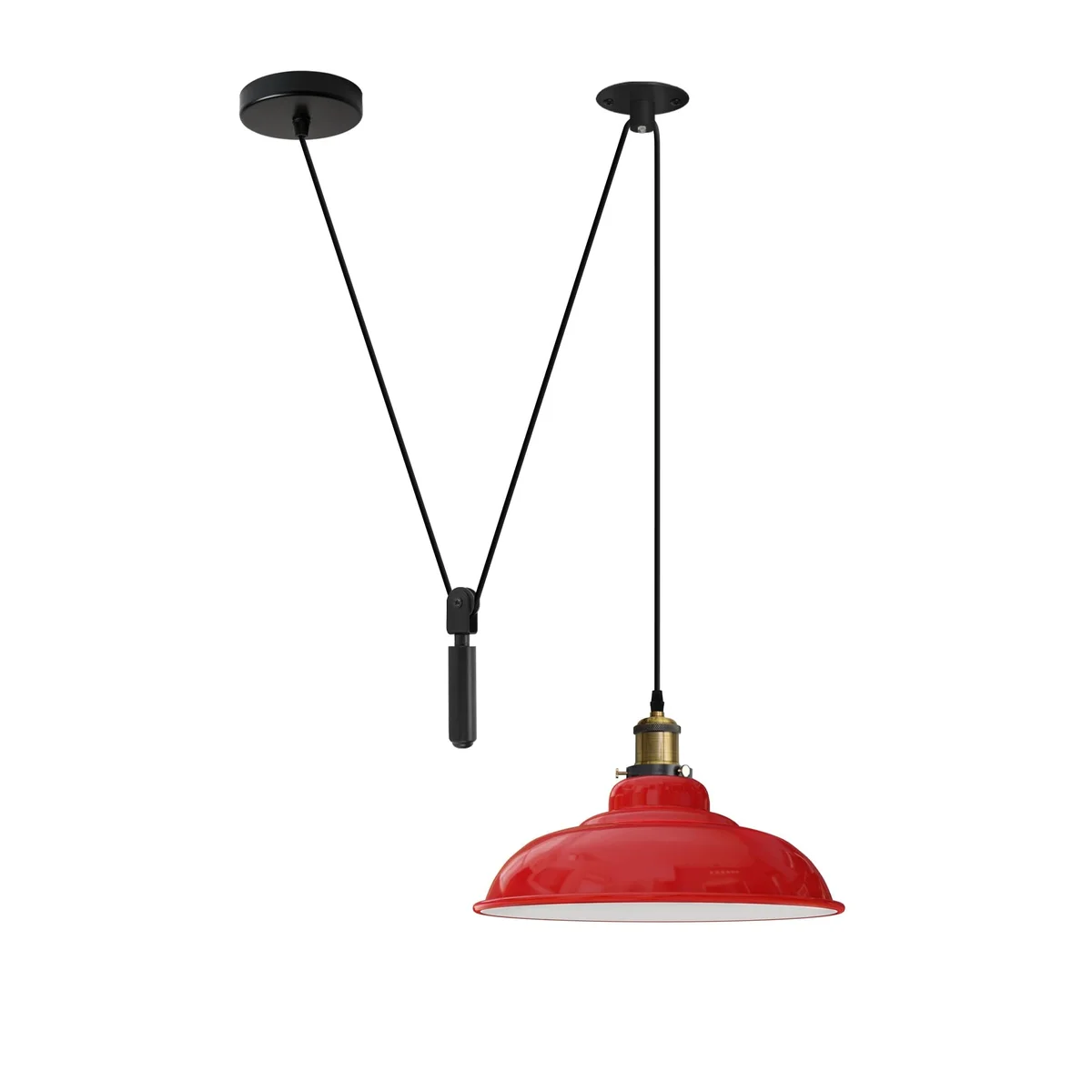 Yellow metal vintage ceiling light with adjustable pulley system and black industrial details hanging against white background