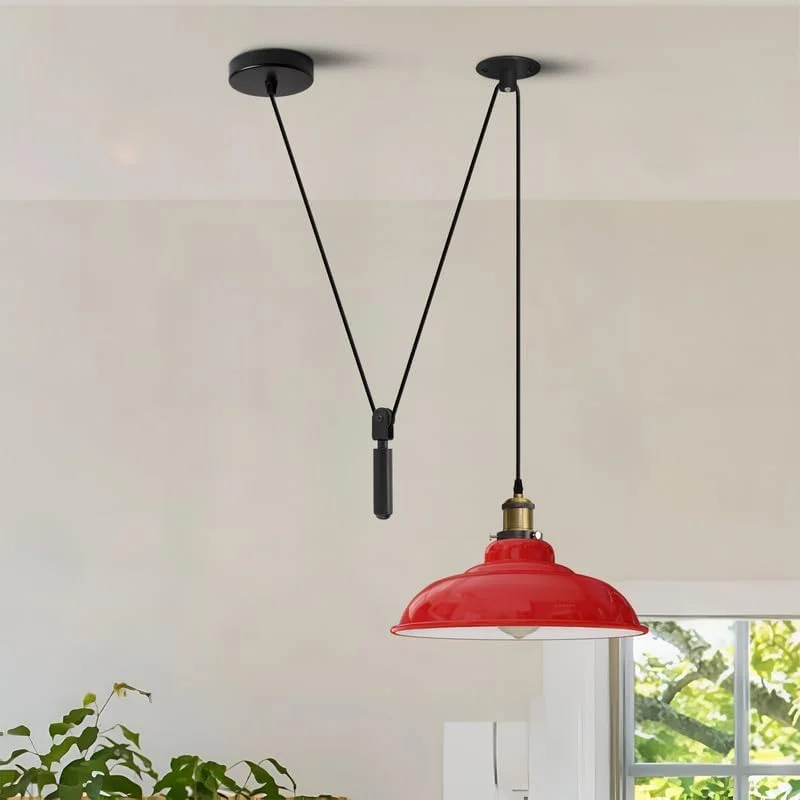Yellow vintage industrial pulley light with adjustable height and E27 socket pendant light hanging from ceiling