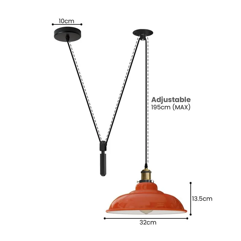 Yellow adjustable pulley ceiling light with black industrial pulley mechanism and long adjustable cable hanging from ceiling