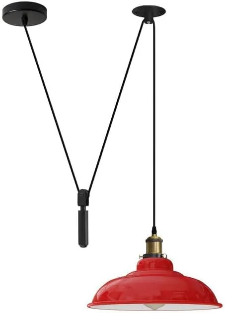 Yellow adjustable pulley ceiling light with black industrial pulley system and glossy vintage finish hanging from ceiling