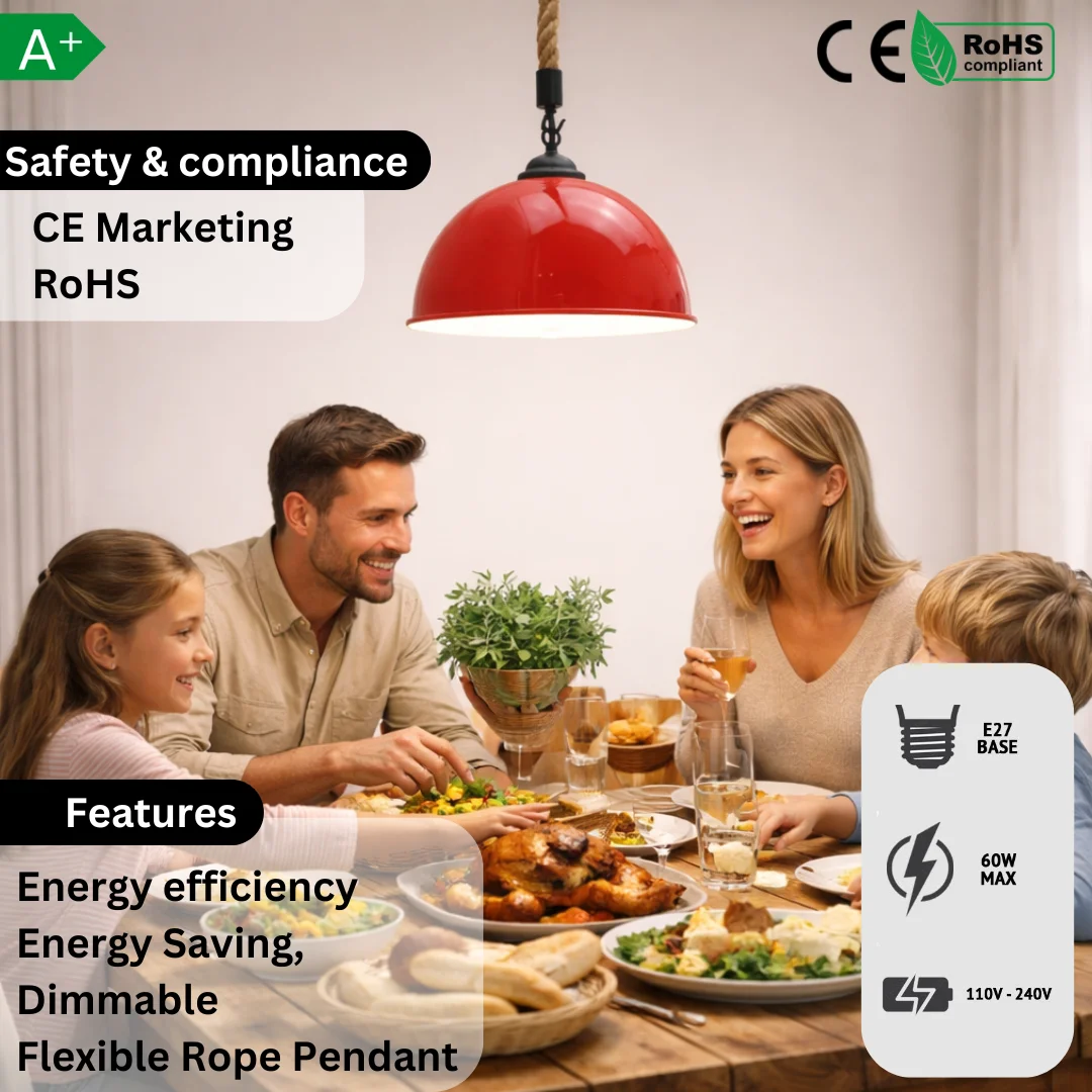 Copper shade pendant light with 40cm hemp rope exterior and adjustable 95cm cable hanging against white background