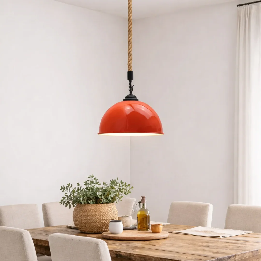 40cm hemp rope pendant light with copper shade and adjustable cable pendant hanging against white background