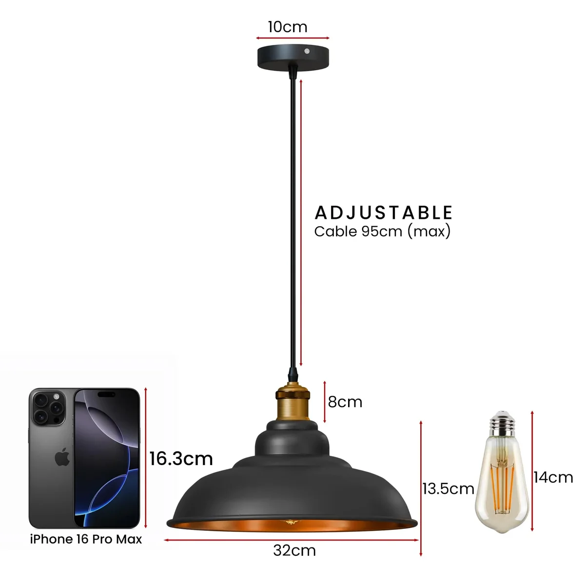 Three black metal pendant light shades with gold interiors hanging in a row, vintage style, wired for ceiling fitting