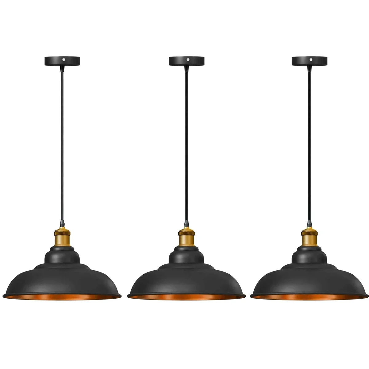 Three black metal pendant lights with gold interiors hanging, each featuring an E27 socket light fitting.