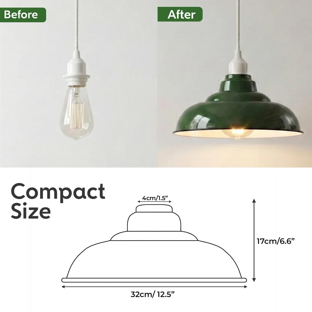 Curved green metal lamp shade with glossy finish and black rim, designed for ceiling pendant lighting.