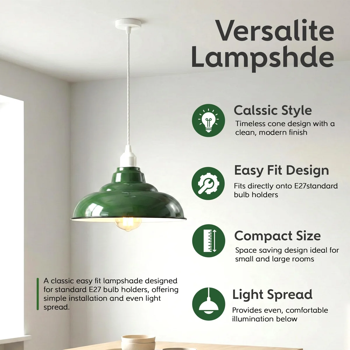 Green metal industrial ceiling lampshade with black rim, curved design, shown hanging against white background