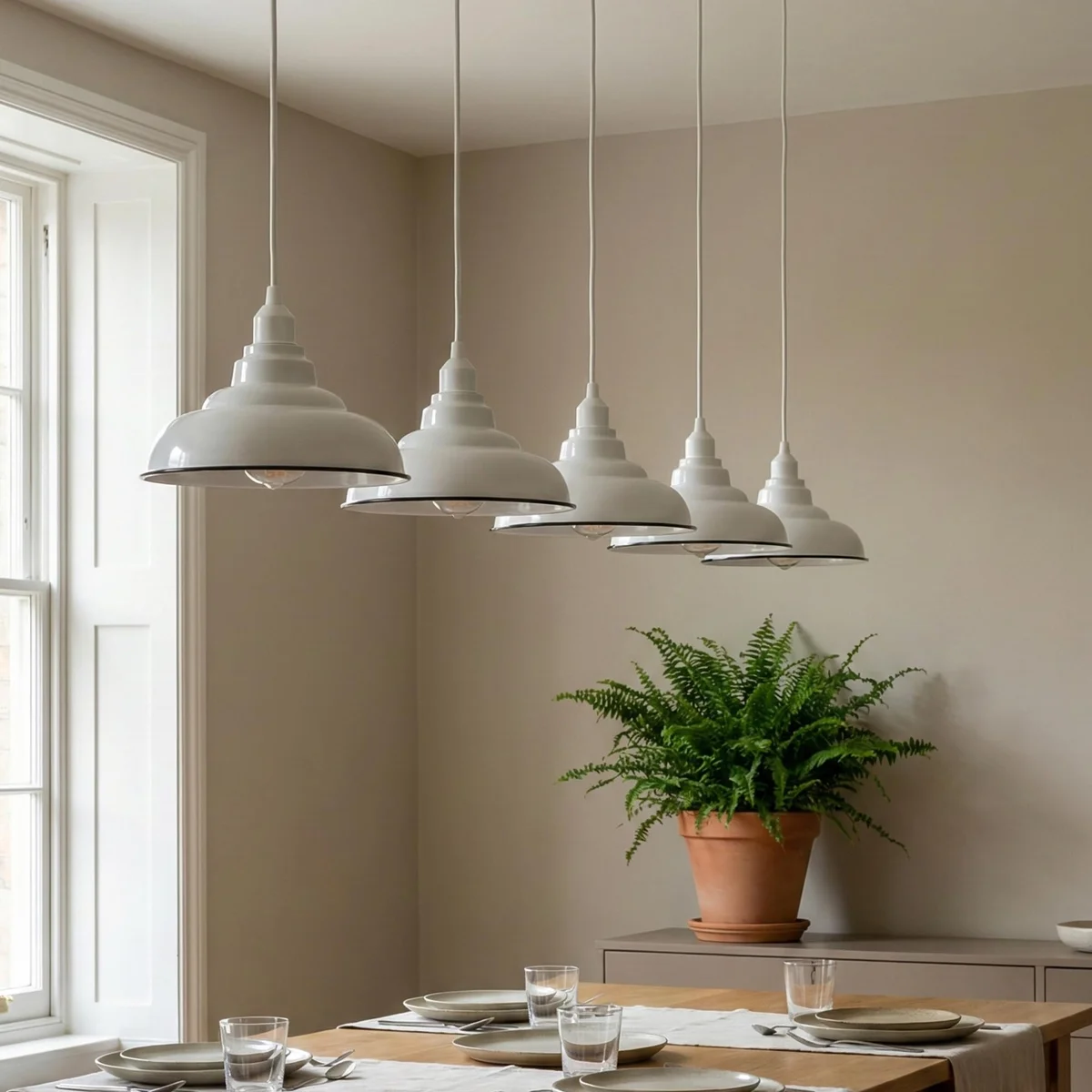 Green curved metal ceiling light shade with black rim shown hanging in a bright modern kitchen setting