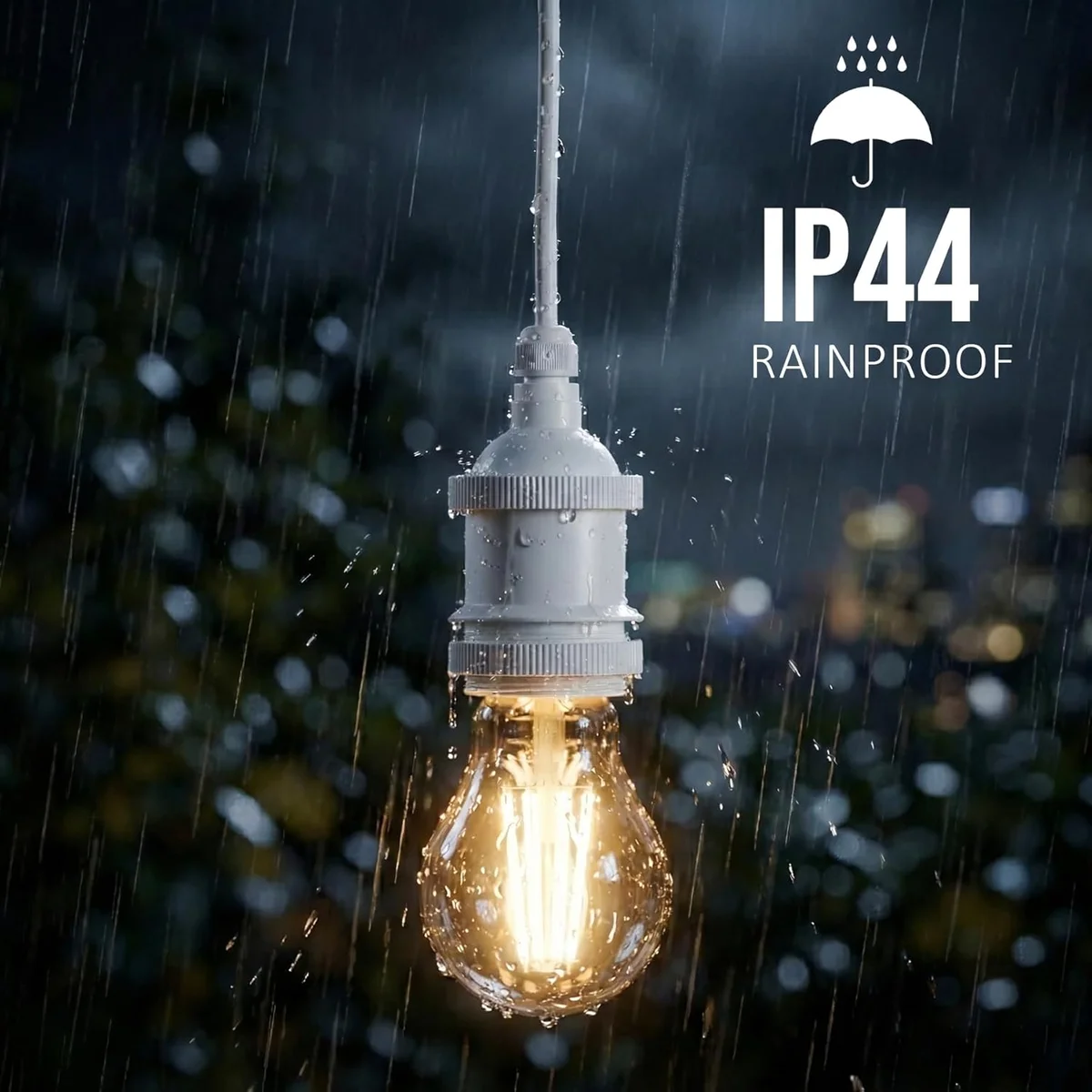 White IP44 rainproof E27 lamp holder with cable grip, a weatherproof outdoor light fitting for gardens and patios